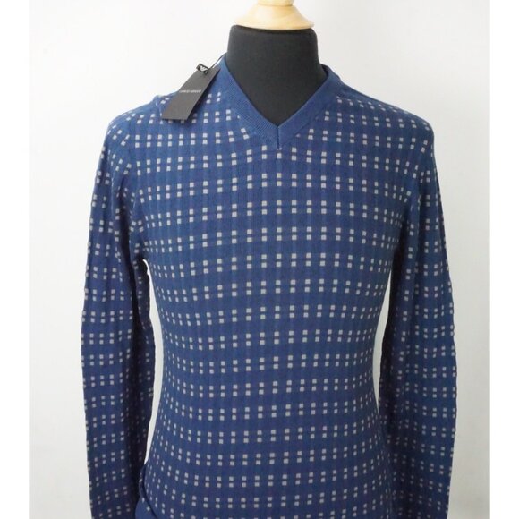 Giorgio Armani Black Label Blue Gray Plaid Cashmere Blend Woven Sweater 48 NEW